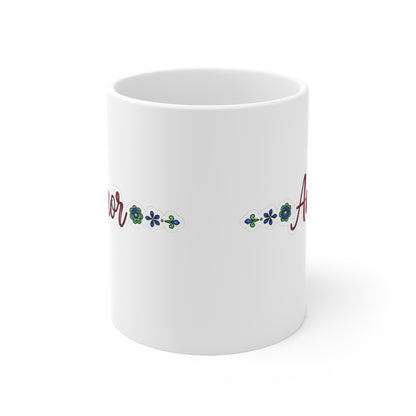Floral Love Mug 11oz – Ceramic Coffee Cup with “Amor” Design, Inspirational Spanish Word Drinkware