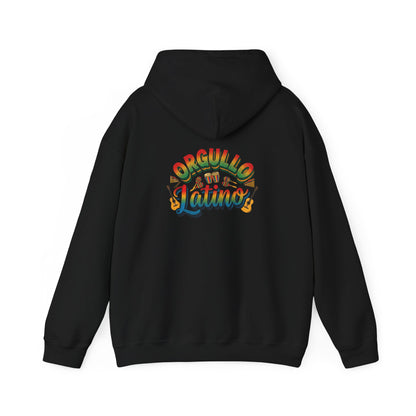 Black hoodie with colorful 'Orgullo Latino' text on the back against a white background