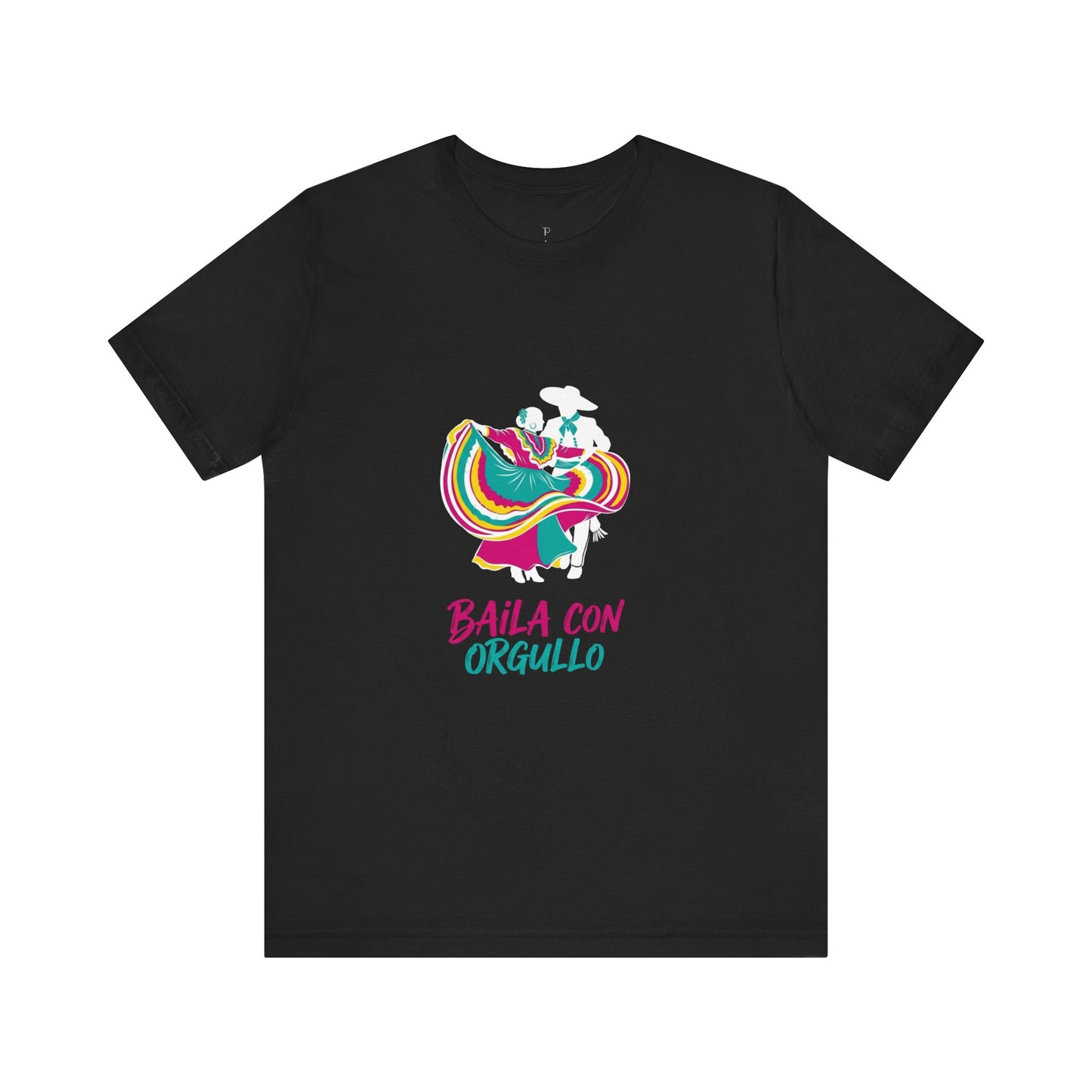 black  t-shirt with colorful graphic and text 'Baila con Orgullo' on a white background