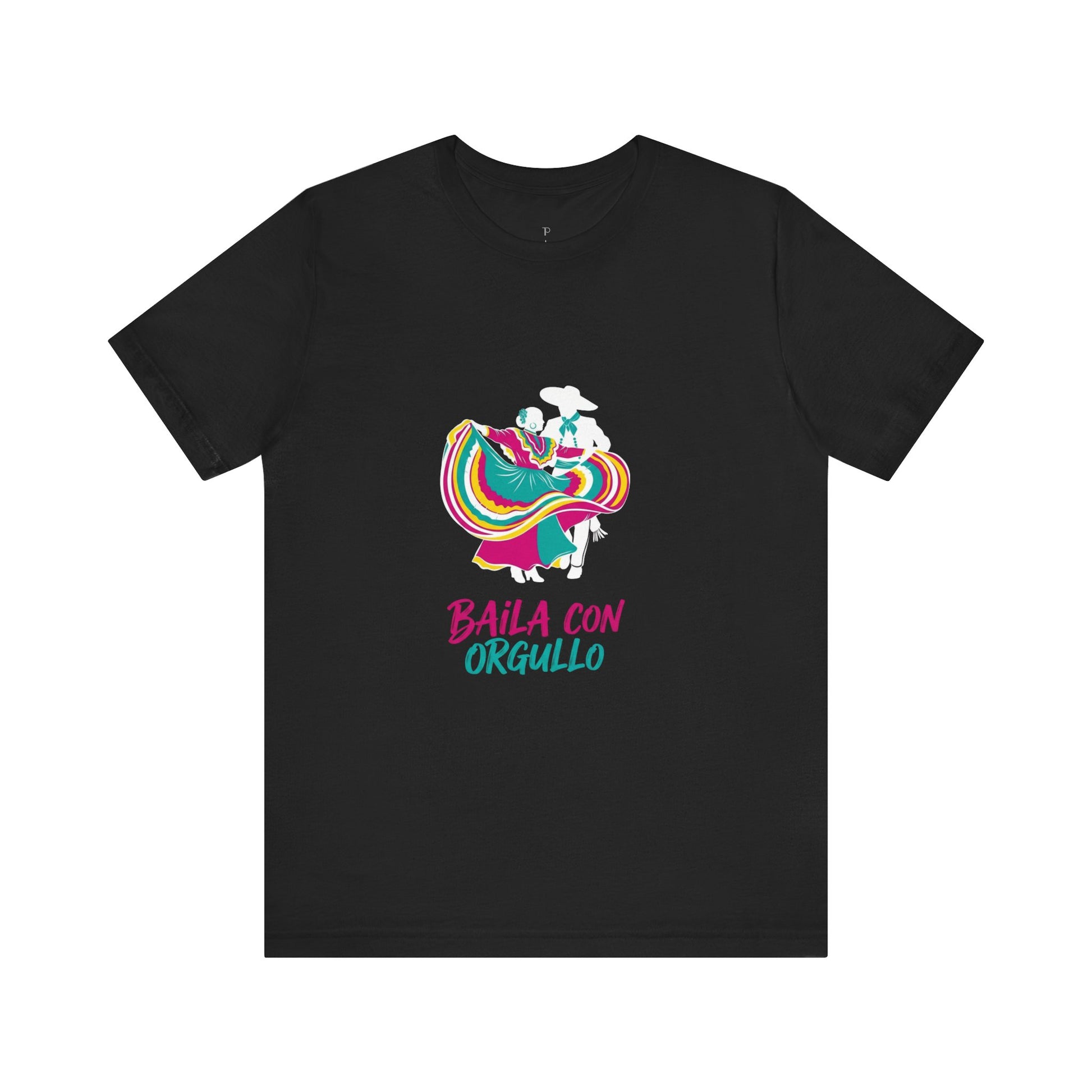 black  t-shirt with colorful graphic and text 'Baila con Orgullo' on a white background