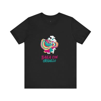 black  t-shirt with colorful graphic and text 'Baila con Orgullo' on a white background
