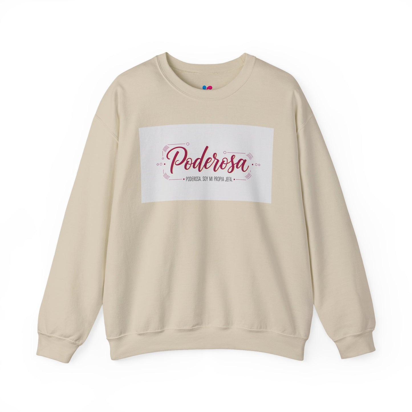 Beige sweatshirt with a white patch displaying 'Poderosa' text on a white background