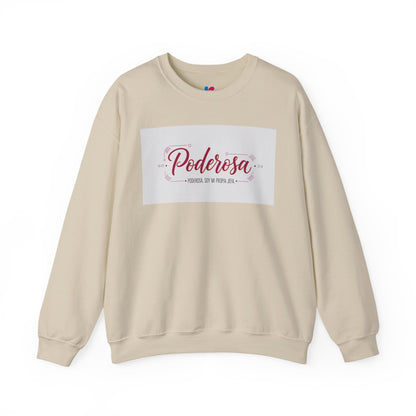 Beige sweatshirt with a white patch displaying 'Poderosa' text on a white background