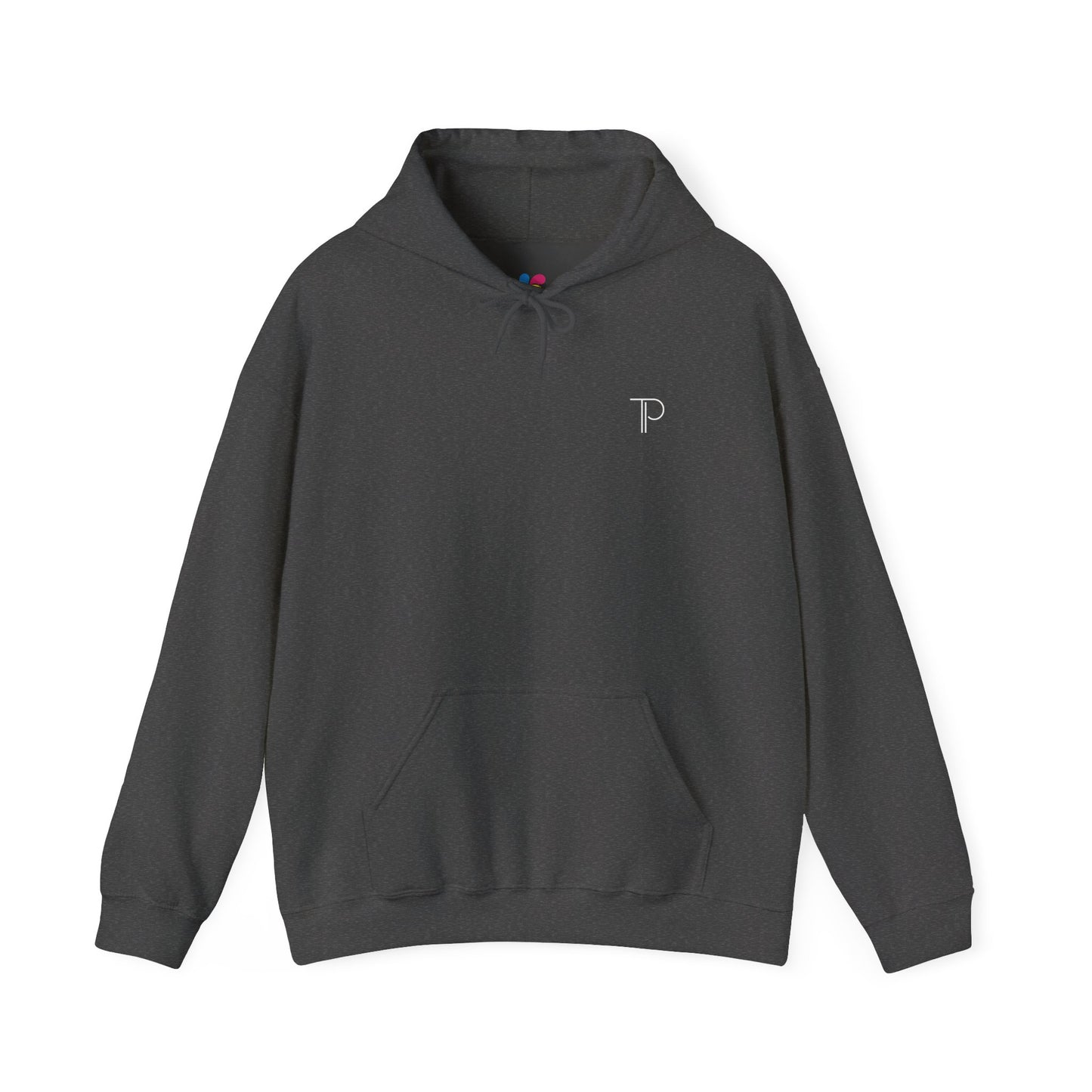 Dark gray hoodie with a logo on the chest against a white background