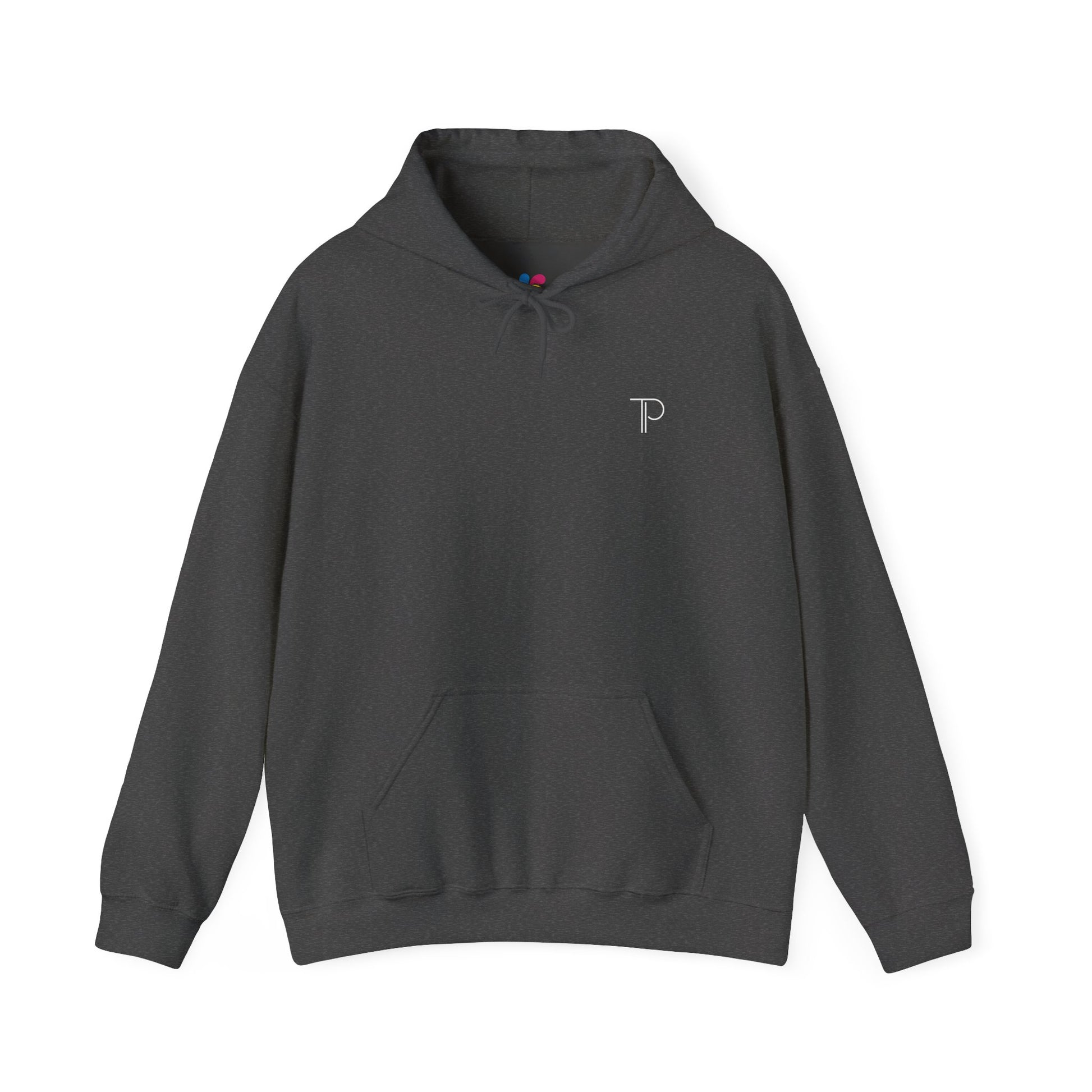 Dark gray hoodie with a logo on the chest against a white background