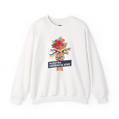White sweatshirt with colorful design and text on a white background