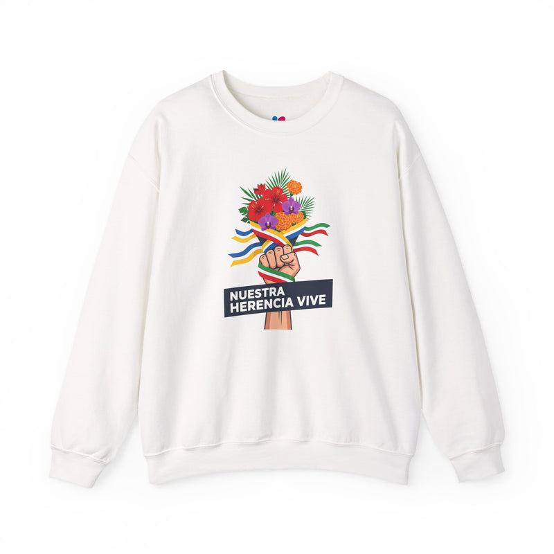 White sweatshirt with colorful design and text on a white background