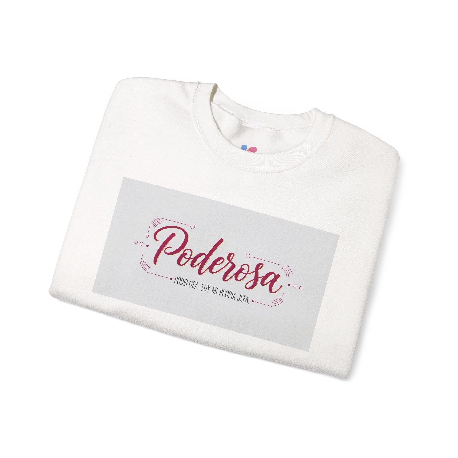 White sweatshirt with 'Poderosa' text on a white background