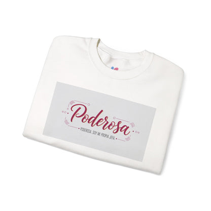 White sweatshirt with 'Poderosa' text on a white background