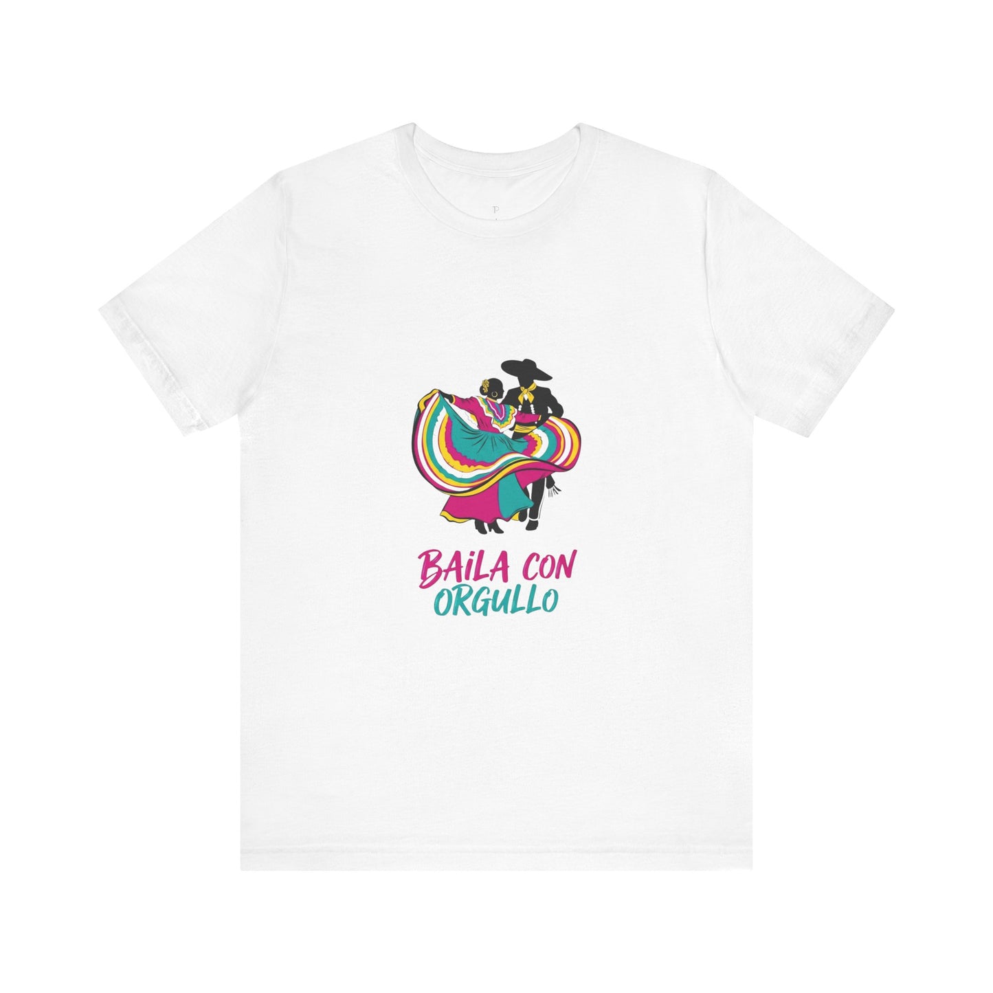 White t-shirt with colorful graphic and text 'Baila con Orgullo' on a white background