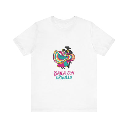 White t-shirt with colorful graphic and text 'Baila con Orgullo' on a white background