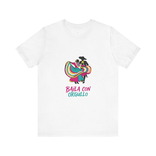 White t-shirt with colorful graphic and text 'Baila con Orgullo' on a white background