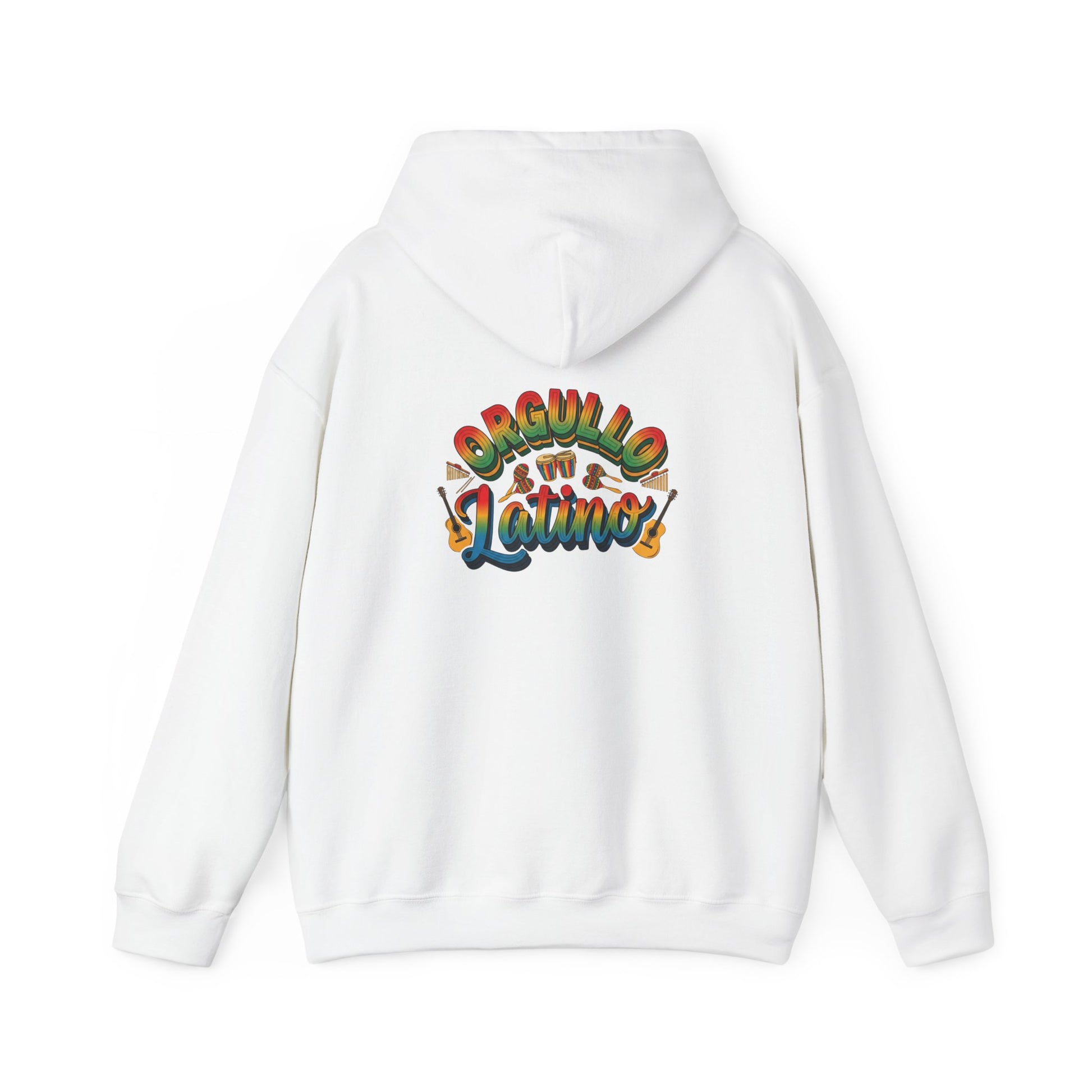 White hoodie with colorful text design on the back against a white background