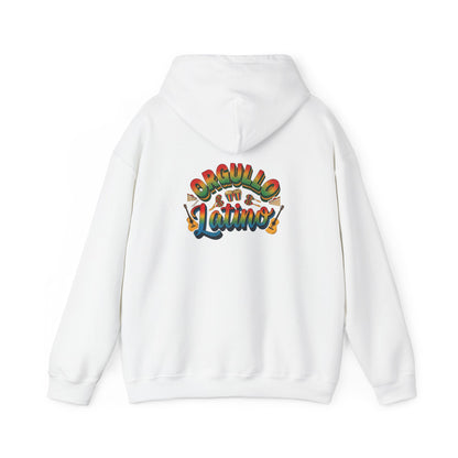 White hoodie with colorful text design on the back against a white background