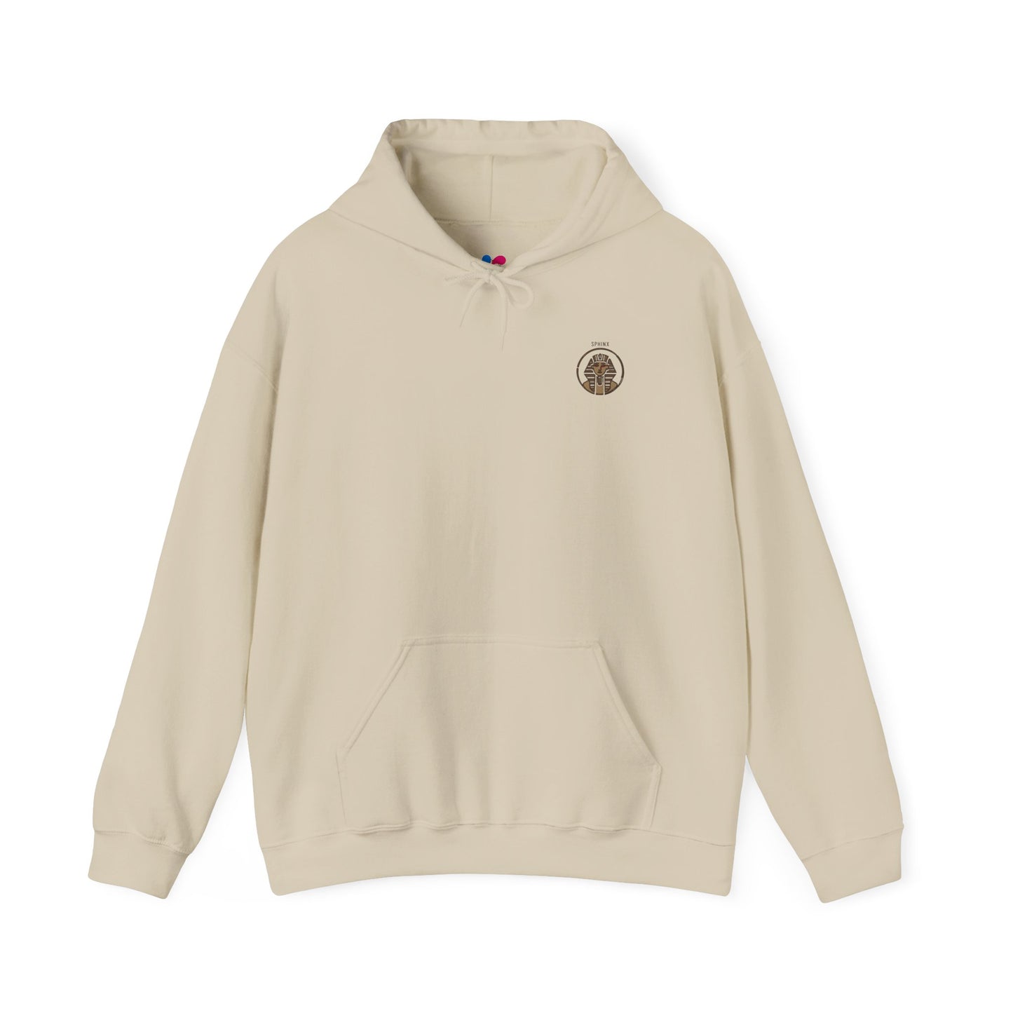 Beige hoodie with a logo on the chest against a white background