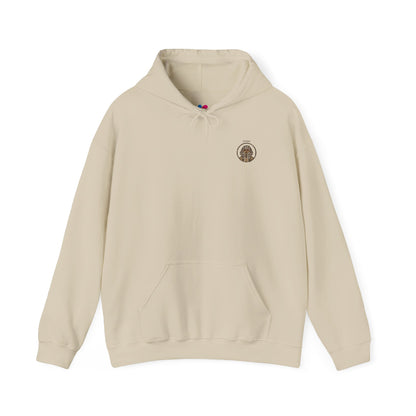 Beige hoodie with a logo on the chest against a white background