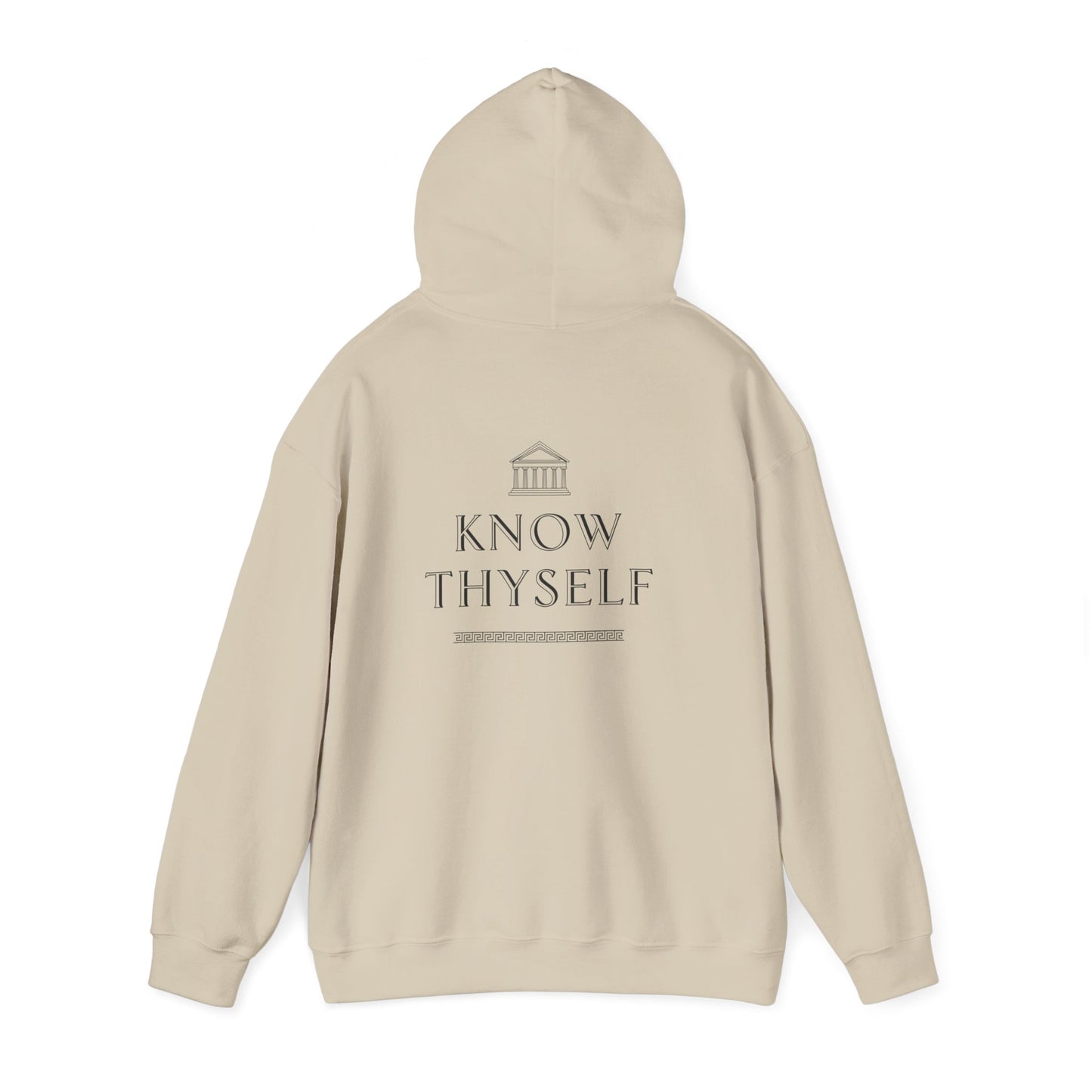 Beige hoodie with 'Know Thyself' text and logo on a white background