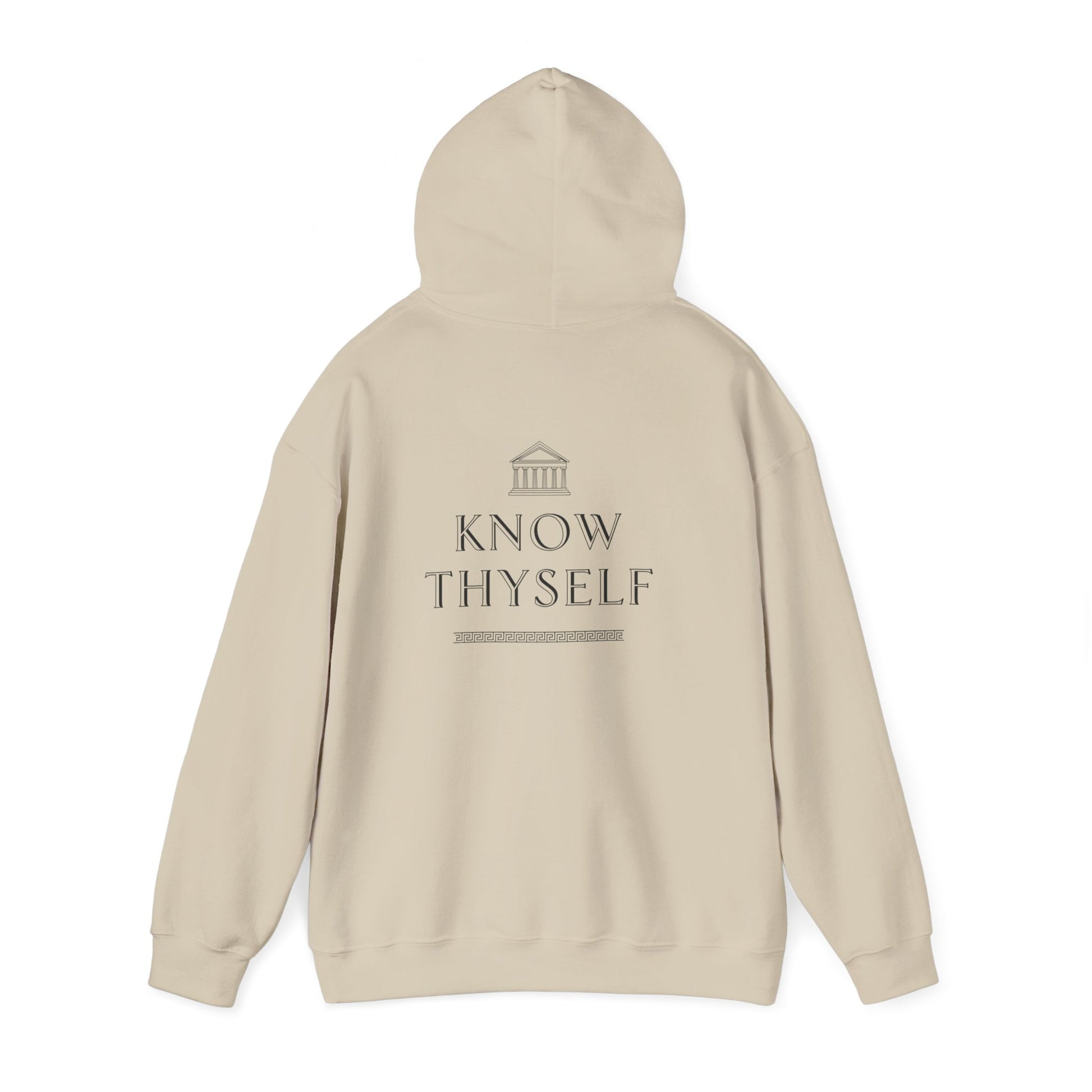 Beige hoodie with 'Know Thyself' text and logo on a white background