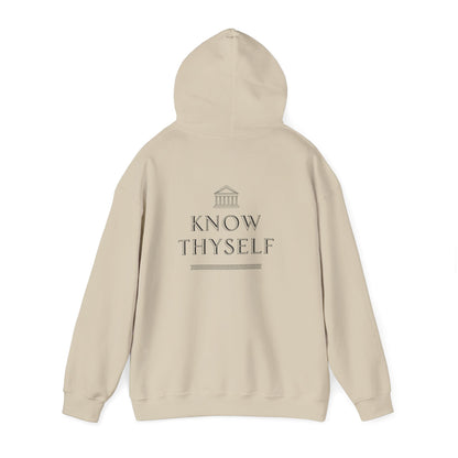 Beige hoodie with 'Know Thyself' text and logo on a white background