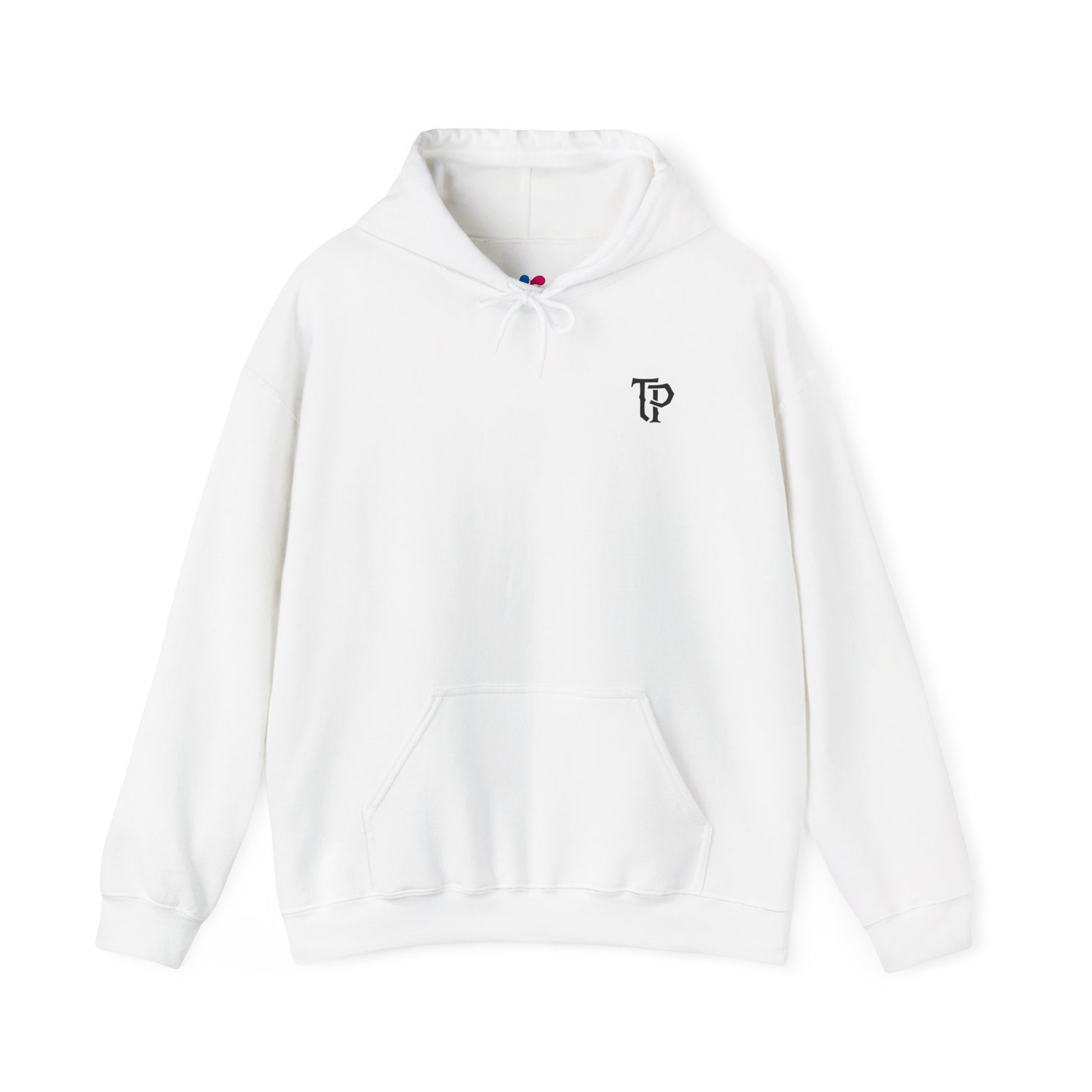 White hoodie with a logo on the chest against a white background