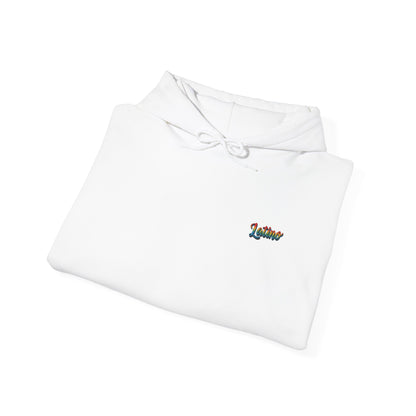 White shirt with colorful embroidered text on a white background