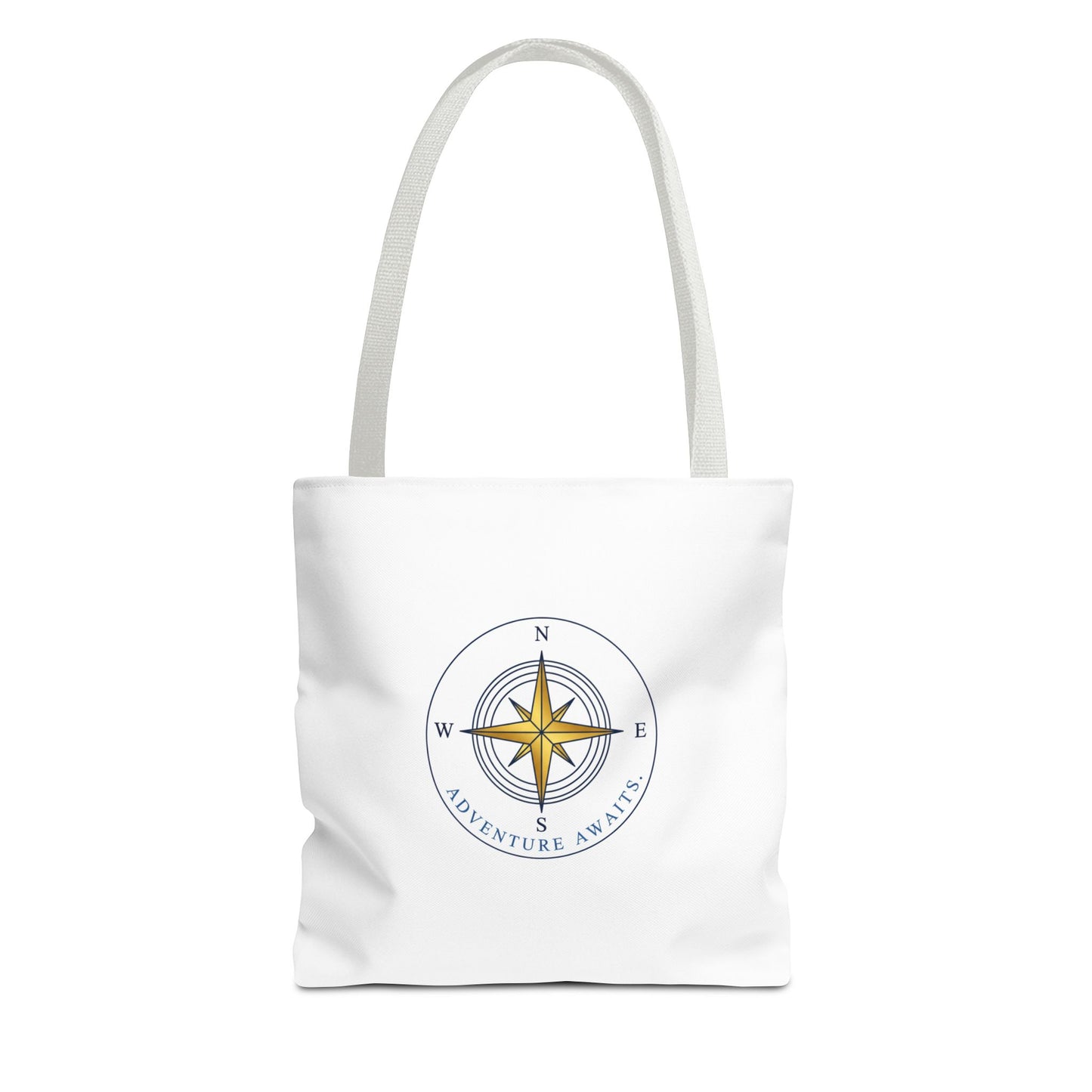 White tote bag with a compass design and 'Adventure Awaits' text on a white background