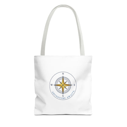White tote bag with a compass design and 'Adventure Awaits' text on a white background