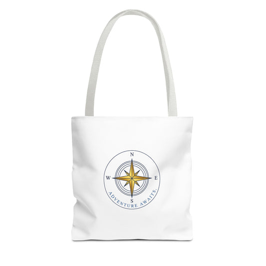 White tote bag with a compass design and 'Adventure Awaits' text on a white background