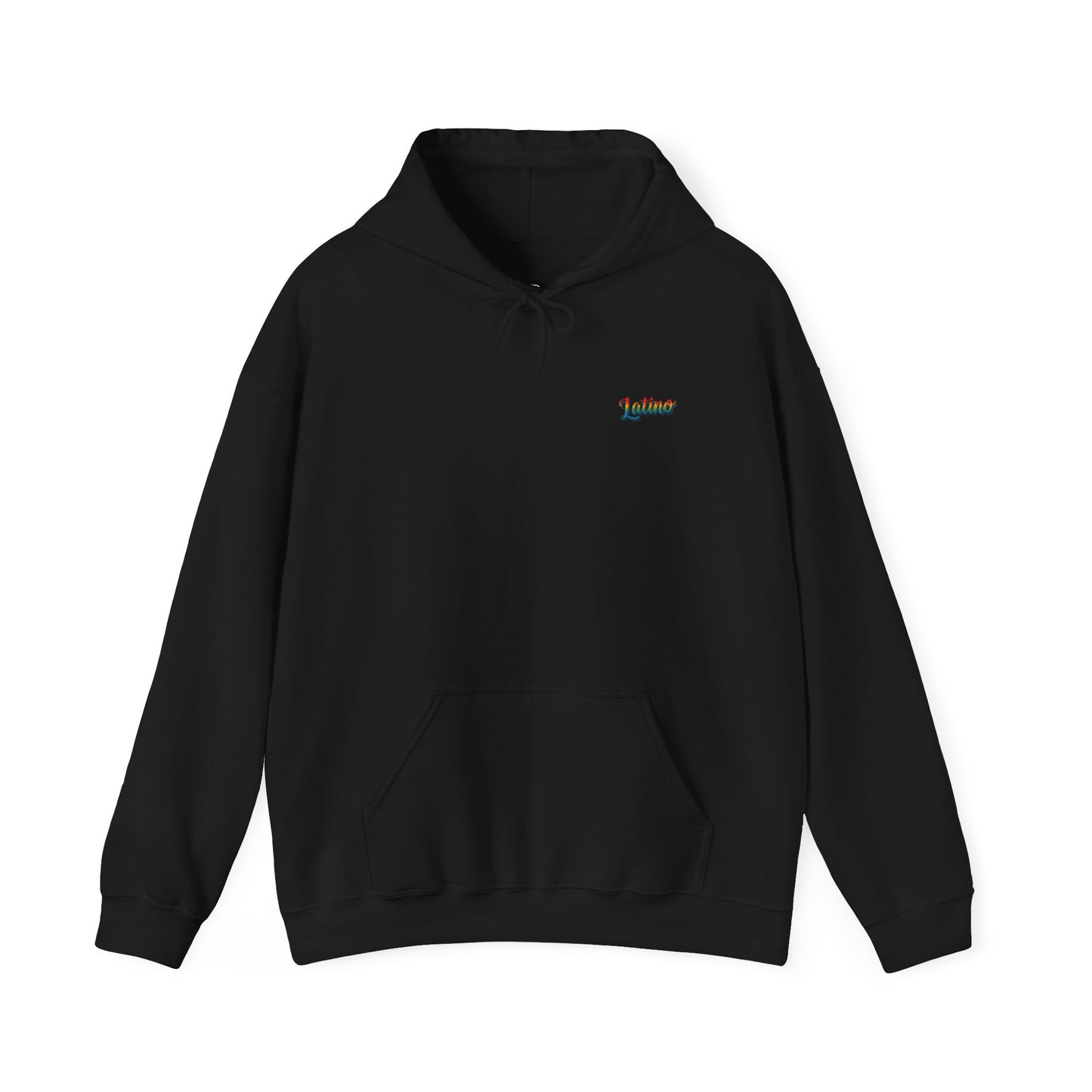 Black hoodie with a small logo on a white background