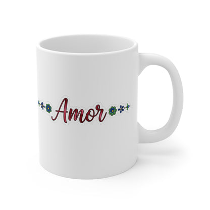 Floral Love Mug 11oz – Ceramic Coffee Cup with “Amor” Design, Inspirational Spanish Word Drinkware