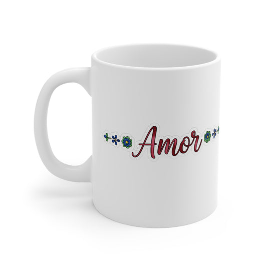 Floral Love Mug 11oz – Ceramic Coffee Cup with “Amor” Design, Inspirational Spanish Word Drinkware