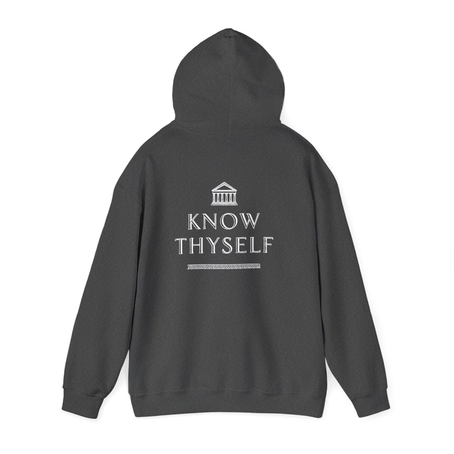 Dark gray hoodie with 'Know Thyself' text and logo on the back against a white background