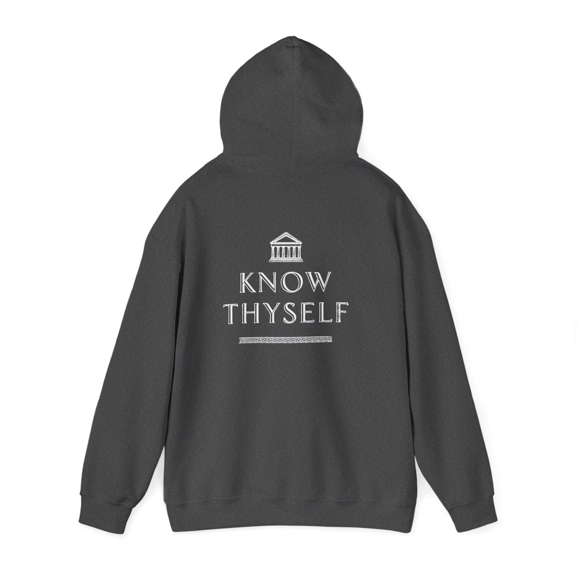 Dark gray hoodie with 'Know Thyself' text and logo on the back against a white background
