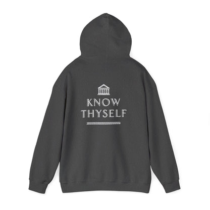 Dark gray hoodie with 'Know Thyself' text and logo on the back against a white background