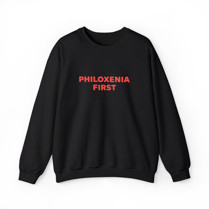 Black sweatshirt with 'PHILOXENIA FIRST' text in red on a white background