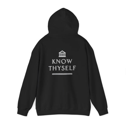 Black hoodie with 'Know Thyself' text and logo on a white background