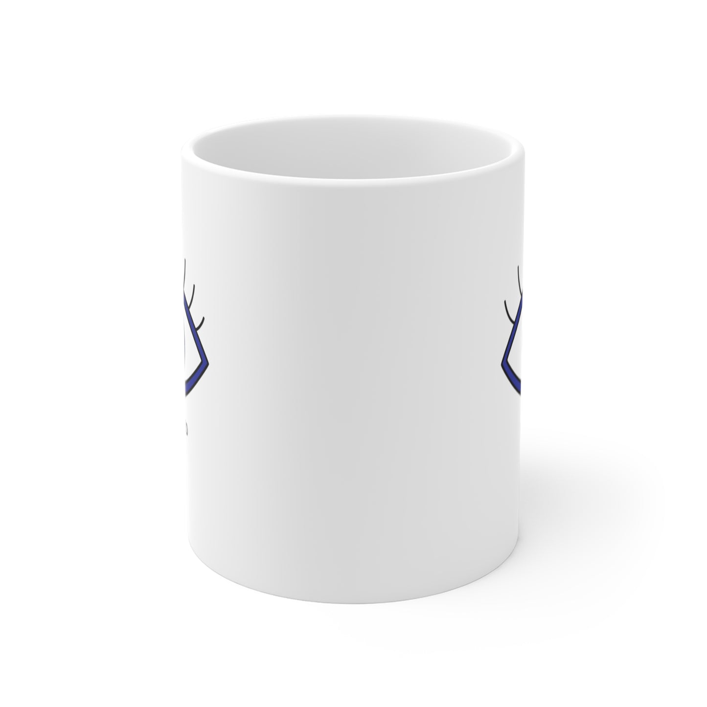 White mug with blue designs on a white background