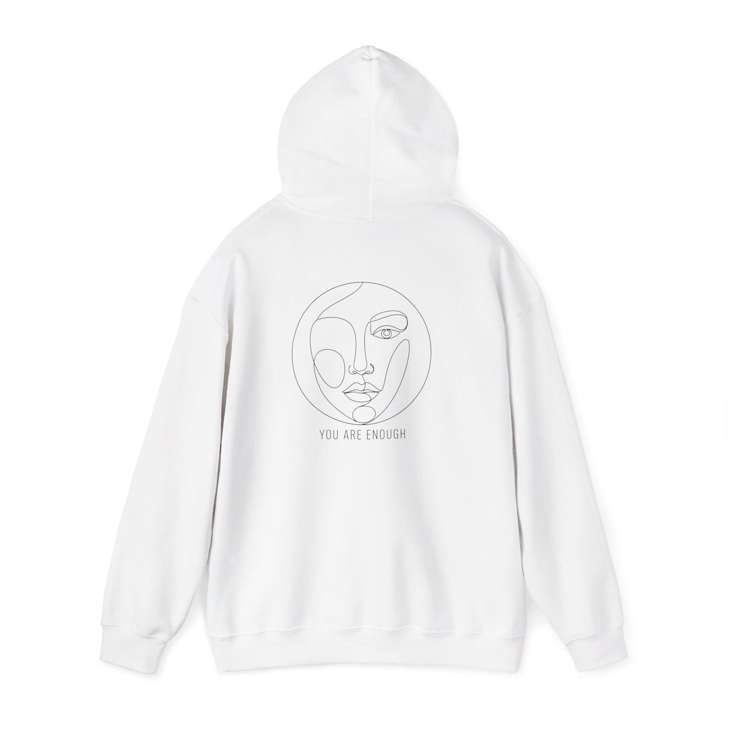 White hoodie with a face design and 'You Are Enough' text on a white background