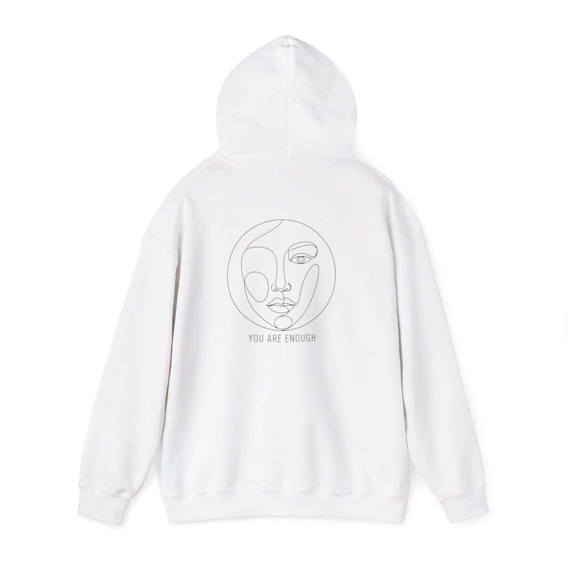White hoodie with a face design and 'You Are Enough' text on a white background