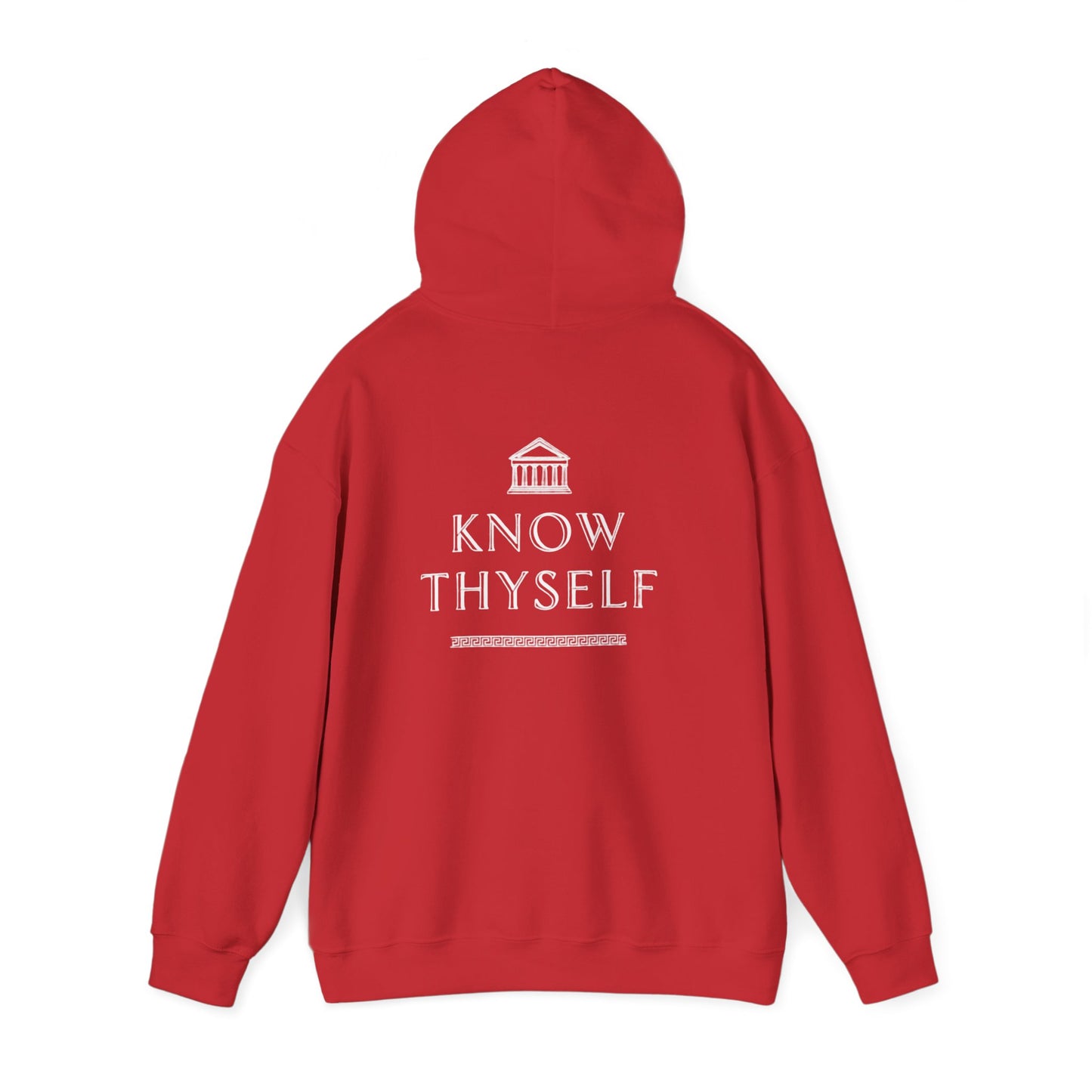Red hoodie with 'Know Thyself' text and logo on the back against a white background