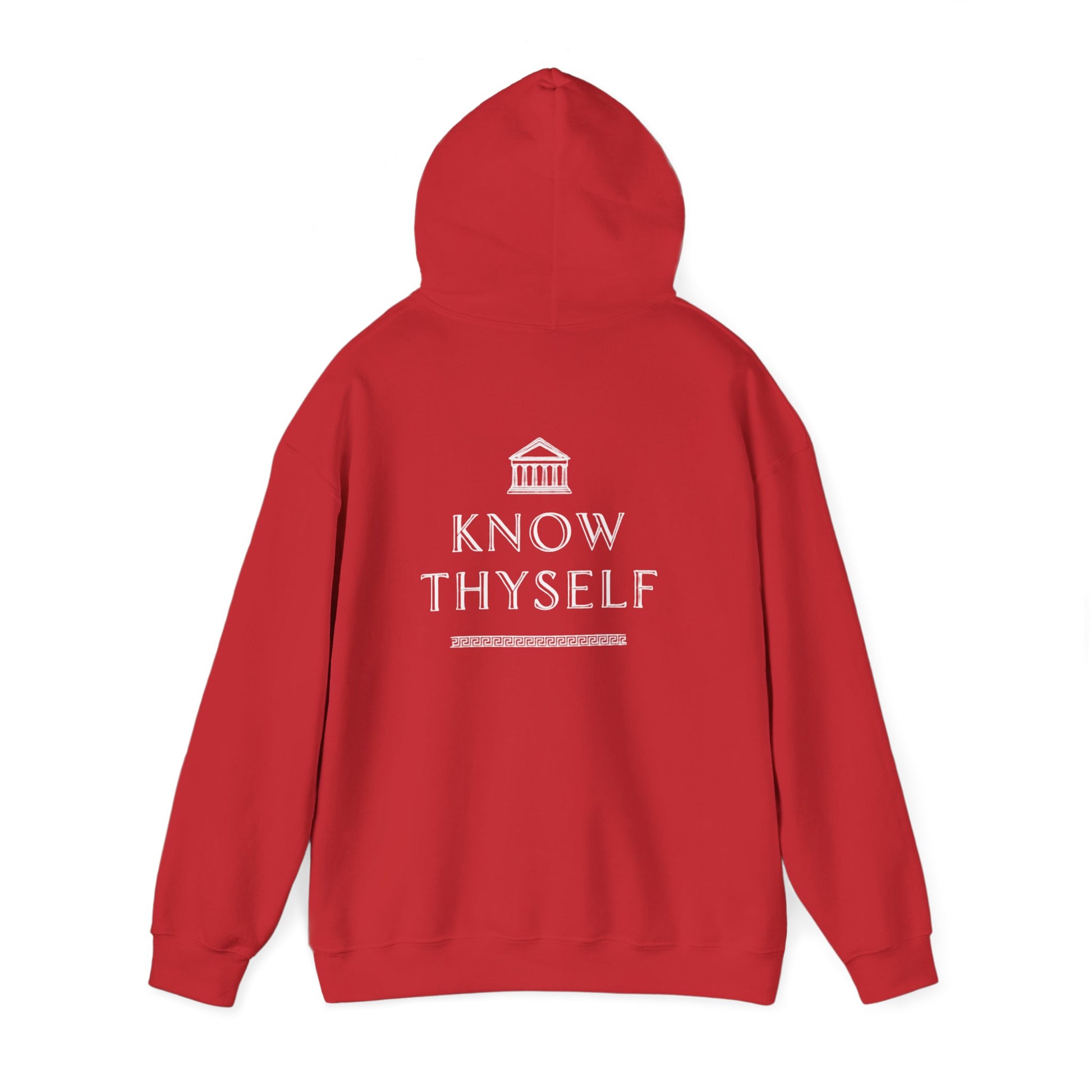 Red hoodie with 'Know Thyself' text and logo on the back against a white background