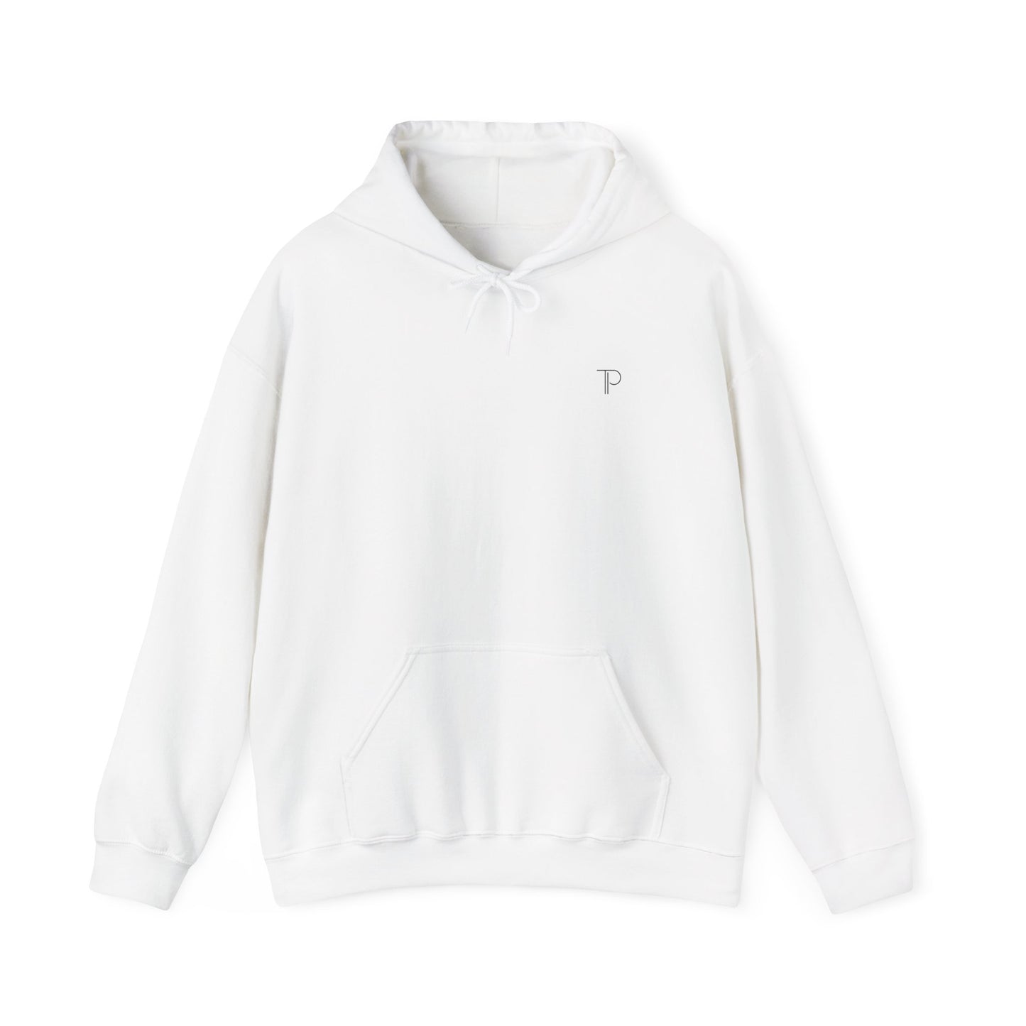 White hoodie with a logo on a white background