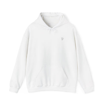 White hoodie with a logo on a white background