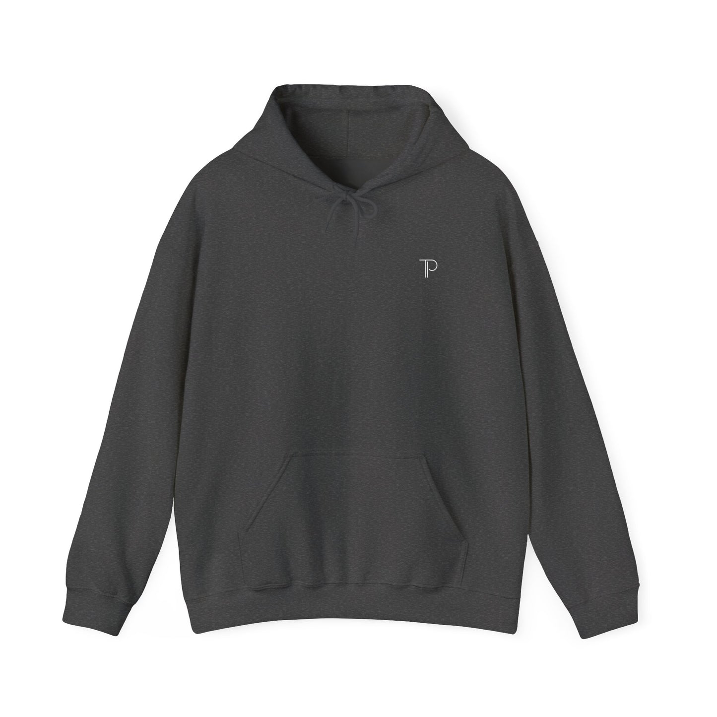 Dark gray hoodie with a small logo on a white background