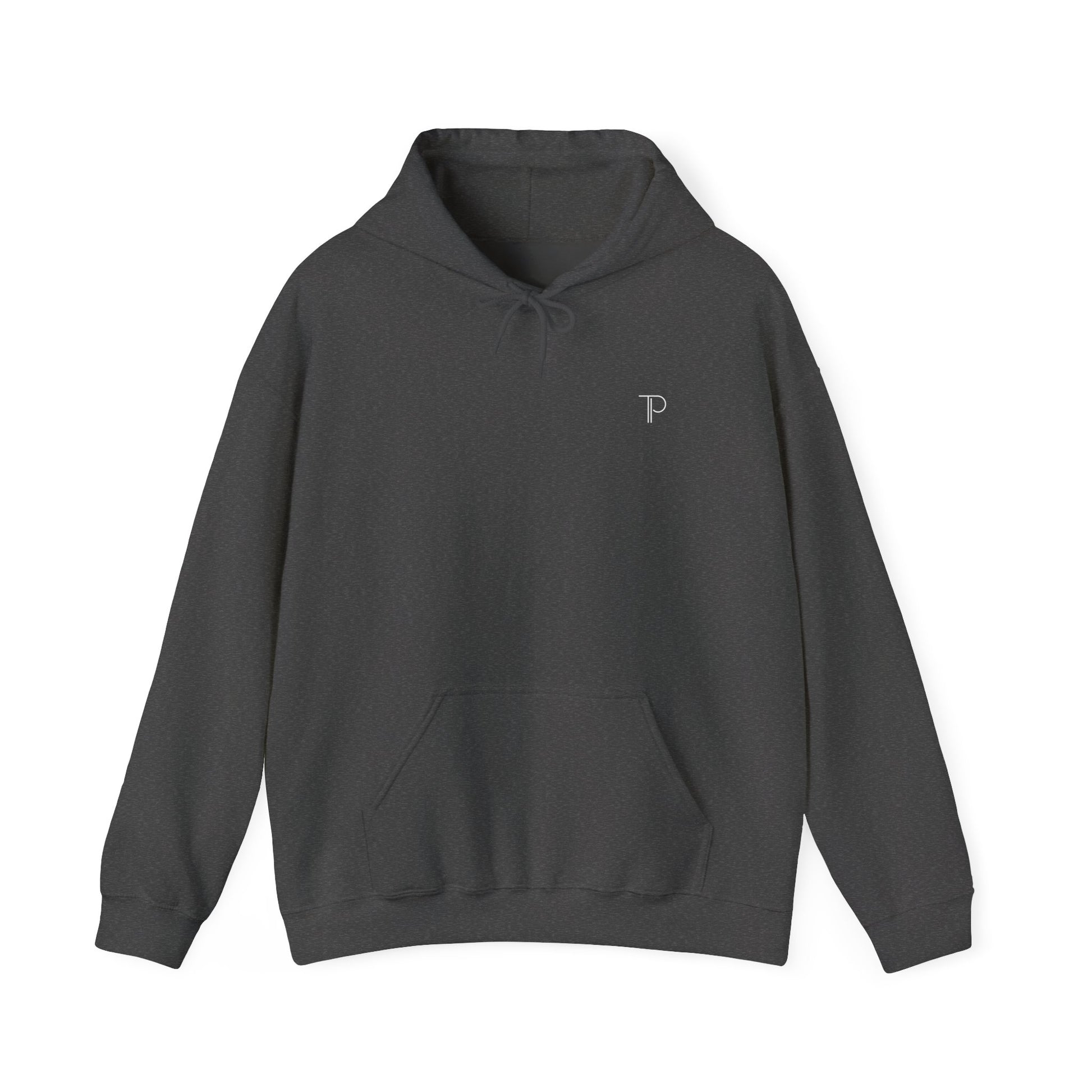 Dark gray hoodie with a small logo on a white background
