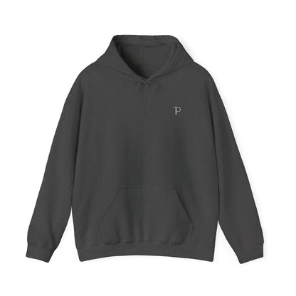 Dark gray hoodie with a small logo on a white background