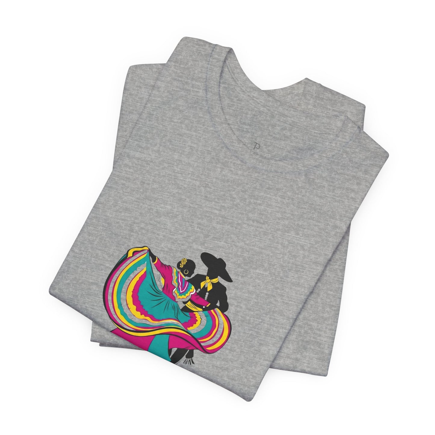 Gray t-shirt with colorful graphic design on a white background