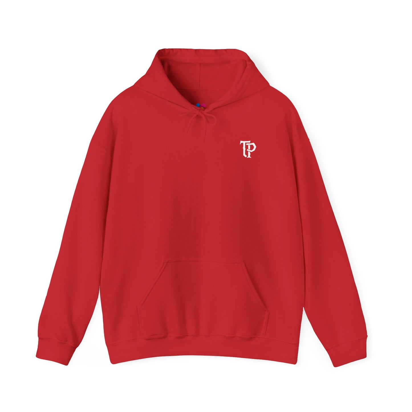Red hoodie with a small logo on a white background