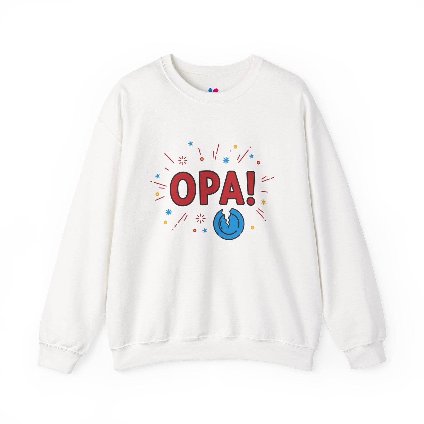 White sweatshirt with 'OPA!' text and design on a white background