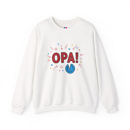 White sweatshirt with 'OPA!' text and design on a white background